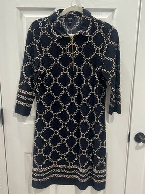 MSK Classic Black Dress with Gold Chain Print - Size Medium